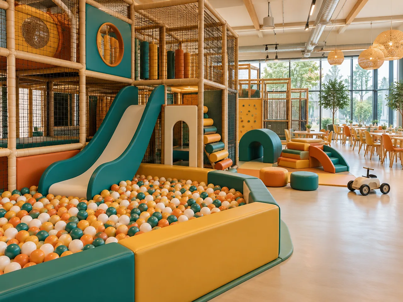Zona de juegos infantil luminosa con toboganes, piscina de bolas y mesas para cumpleaños